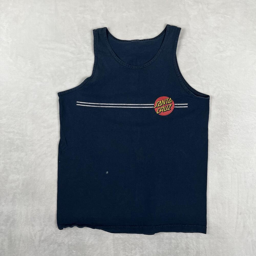 Vintage Santa Cruz Tank Top Mens Medium Blue Dot Logo Skateboards Back Graphic